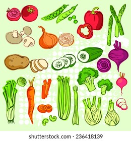 Assorted vegetable vector doodle set