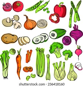 Assorted vegetable vector doodle set