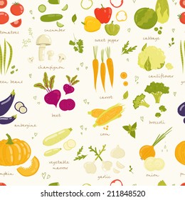 Assorted vegetable vector seamless pattern. tomato, cucumber, pepper, cabbage, broccoli, cabbage, eggplant, beans, peas, squash, garlic, onions, corn, beets, greens, carrots, mushrooms isolated