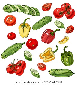 Assorted of vegetables. Red, green and yellow tomatoes, cucumbers and peppers isolated on white background. Whole and sliced elements. Vector illustration.