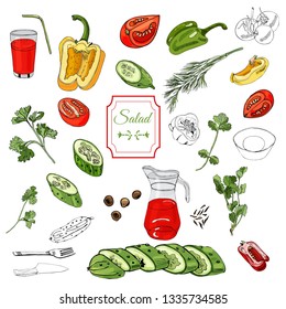 Assorted of vegetables. Red, green and yellow peppers, tomatoes, cucumbers and over different ink and color elements  isolated on white background. Whole and sliced objects. Vector illustration.