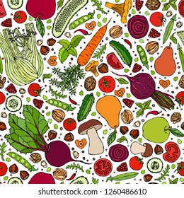 Assorted Vegetables Seamless Endless Pattern. Vegan Background. Template of Vegetarian Healthy Food. EPS10 Vector. Hand Drawn Doodle Style Realistic Illustration