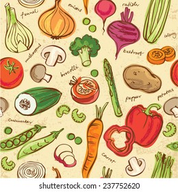 Assorted vegetables seamless pattern grunge background 