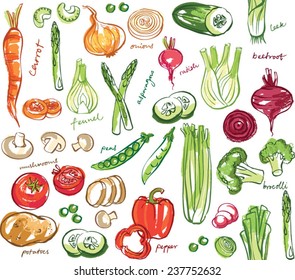 Assorted vegetables seamless pattern grunge background 