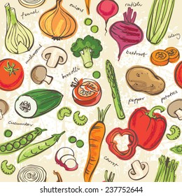 Assorted vegetables seamless pattern grunge background 