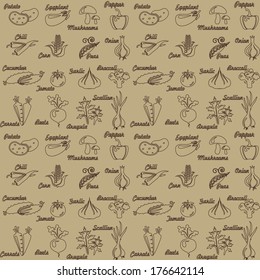 Assorted vegetables seamless pattern. Potato; eggplant; mushrooms; pepper; chili; sweet corn; peas; onion; cucumber; tomato; garlic; broccoli; carrot; beets; arugula; scallion
