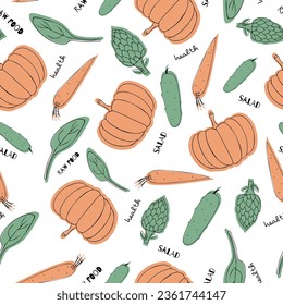 Assorted vegetables seamless pattern with pumpkin, carrotm spinach and artichoke on a white background.