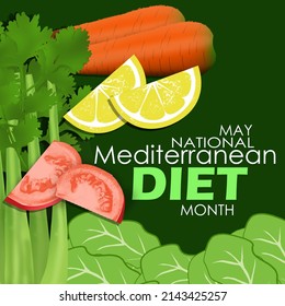 Verduras variadas como zanahorias, limones, apio, tomates y espinacas con textos en negrita sobre fondo verde oscuro, Mes Nacional de la Dieta Mediterránea en mayo