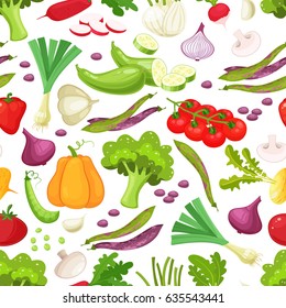 Assorted vegetables vector seamless pattern on white background. Pattern with colored vegetable. Cartoon style vector illustration of harvest vegetable