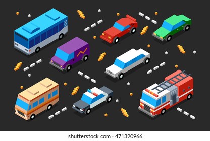 Assorted Vehicles 3D Isometric Illustration on Dark. Low Poly Flat Design. 