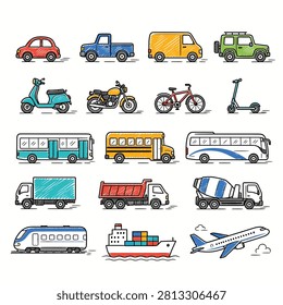 Assorted vehicles including cars buses bicycles trucks and vans in bright colors on plain background