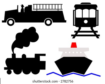 assorted vehicles symbols fire truck ocean liner steam train and tram