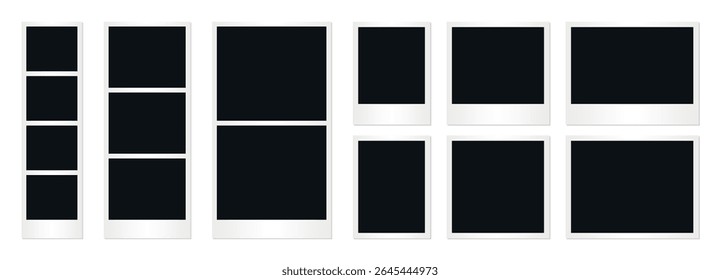 Assorted vertical and horizontal blank photo frames with white polaroid style borders arranged in mixed layout template for vintage scrapbook album memory preservation and instant photography design