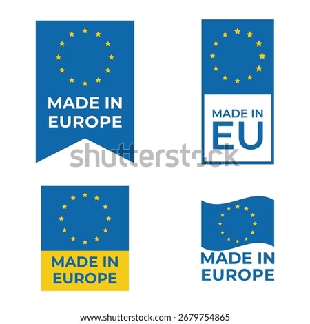 Assorted vertical tags and icons representing European product manufacturing origin.