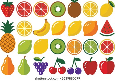 Assorted vibrant fruits isolated on white background, a colorful medley	
