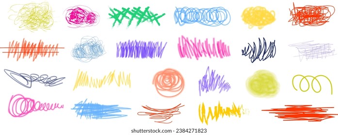 Assorted vibrant marker sketches and whimsical curly lines. Vector based  charcoal strokes and childlike crayon artwork. Playful doodles and marker smudges. A textured crayon effect with crosshatche.