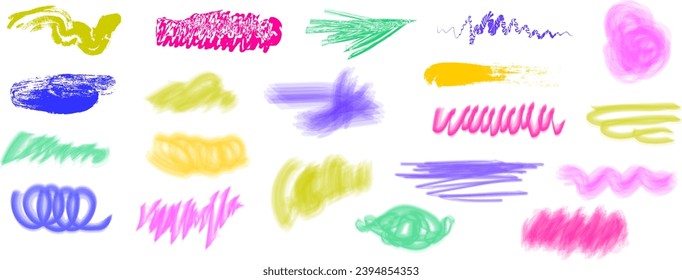 Esbozos de marcadores vibrantes y líneas caprichosas de rizos. Ataques con carbón vegetal y obras de arte con crayón infantil. Doodles y manchas de marcadores de juguete. Un efecto de lápiz texturizado.