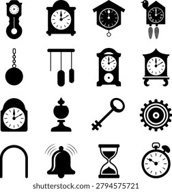 Assorted vintage clock and timekeeping icons featuring pendulums keys gears and hourglasses in monochrome design