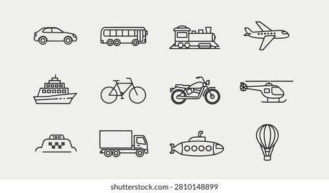 Assorted vintage and modern transportation vehicles including cars bicycles motorcycles buses trains and airplanes