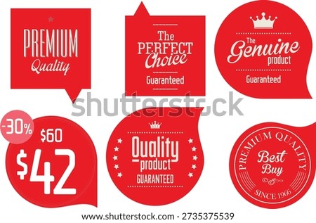 Assorted vintage style labels showcasing quality and promotional offers