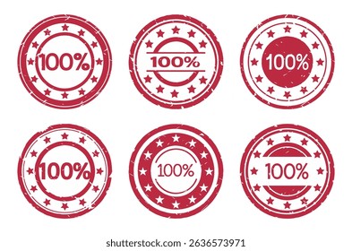 Assorted vintage-style stamps representing 100 percent.