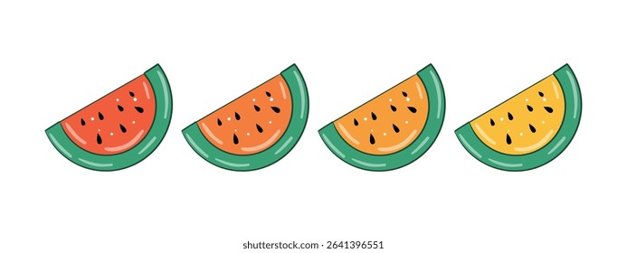 Assorted watermelon slices: red, orange, yellow. A set of isolated design elements on a white background, hand-drawn in doodle style