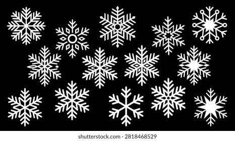 Assorted white geometric snowflake vector graphics on a black background, ideal for seasonal winter branding, greeting cards, and holiday design motifs.