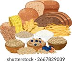 Assorted whole grain breads, pasta, and cereal bowls arranged in a flat vector style with natural colors and clean, detailed composition
