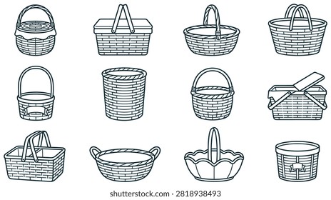 Assorted wicker and straw baskets of various sizes and shapes, perfect for carrying food, flowers or as decorative storage.