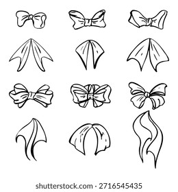Assorted wide ribbon bows and tail ends in delicate hues, tied in elegant loops. Vector decorative set isolated on white background. Ideal for feminine branding, greeting cards, or event stationery.