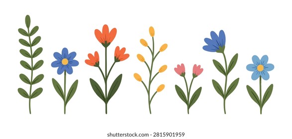 Assorted wildflower illustrations with foliage a flat vector arrangement