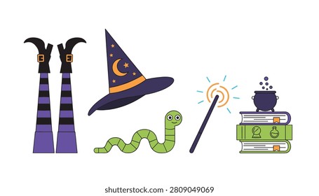 Assorted wizardry items including striped stockings, a pointed hat, a green worm, glowing magic wand, and books stacked with a small cauldron.