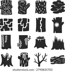 Assorted wood and tree stump icons showcasing various textures and patterns in monochrome design