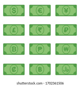 Diferente moneda mundial en la plantilla de conjunto de diseño vectorial de símbolo de la letra de papel