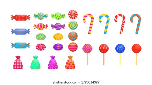 Assorted wrapped candies. Caramel sweets poster for confectionery or candy shop. Set of single cartoon candies: lollipop, cane candy, bonbon, teddy bear marmalade, licorice. Vector illustration.