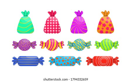 Assorted wrapped candies. Caramel sweets poster for confectionery or candy shop. Set of single cartoon candies: lollipop, cane candy, bonbon, teddy bear marmalade, licorice. Vector illustration.