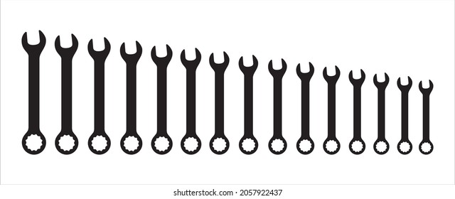 Assorted wrenches set. Vector illustration. Spanner wrench set. Sorted from small to bigger. Combination of spanner and double offset wrench illustration.