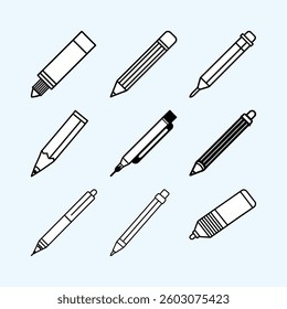 Assorted Writing Tools Line Art. Doodle drawing including pencils. pens. and a marker. Vector illustration black and white colors