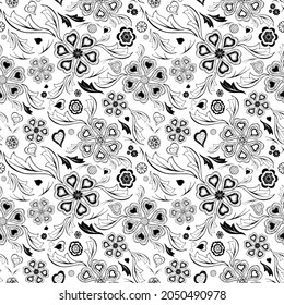 Zehn Kunstdächer blüht zufällige nahtlose Muster. Zen tangle Blumenmotive sind unregelmäßiger Oberflächendesign. Monochrome Anti-Stress-Ziergewebe endlose Textur. Kunsttherapie Erwachsenenfarbbuch.