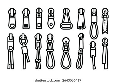 Assorted Zipper Pulls Vector Line Art Set for Clothing and Bag Design Projects