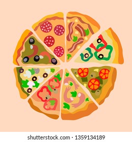 Assorti Pizza Slices Color Vector Illustration. Takeaway Food for Party. Tomatoes, Shrimps, Salami, Pepper, Olives Pizza Flavours. Pepperoni, Romana, Stagioni Pieces Isolated Design Elements