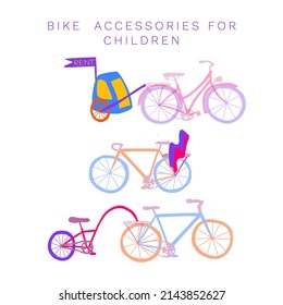 Una variedad de accesorios para bicicletas para niños. Alquile un remolque infantil, un asiento para bebés o una etiqueta. Alquilar bicicletas y accesorios para toda la familia. Ilustración vectorial.