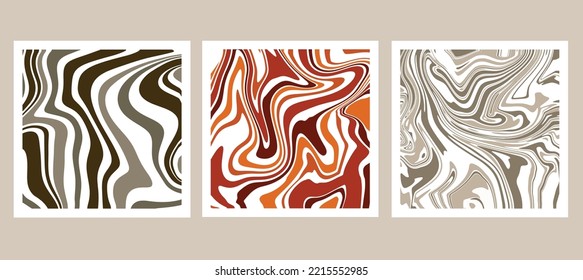 Assortment of 3 square abstract backgrounds with distorted waves in colors. Vector illustration. Autumnal beigeorangebrown colors.