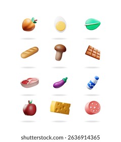 Assortment of 3d vector icons representing various food items including fruit, vegetable, meat, and dairy products for healthy eating and grocery shopping concept.
