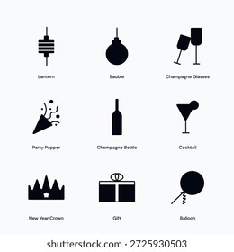 Surtido de 9 iconos planos de estilo glifo enfocados en el Nuevo año en formato Vector. Perfecto para iluminar los gráficos estacionales. Los iconos comprenden la cara de la celebración, fuegos artificiales, copas de champán, botella de champán, canciones de fiesta, calendario de año Nuevo, reloj de medianoche, fiesta Popper, corona de año Nuevo, linterna, globos, chuchería, cóctel, regalo