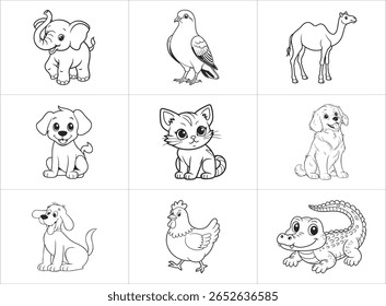 Assortment of Adorable Cartoon Animals for Children's Coloring Pages