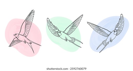 An assortment of airborne swallows. This spring bird collection exhibits a linear design style enhanced by watercolor spots, all isolated against a white background. Suitable for banners, social media