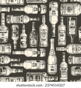 Assortment alcohol monochrome pattern seamless with bottles of vodka and beer or cognac for wine store promo products vector illustration