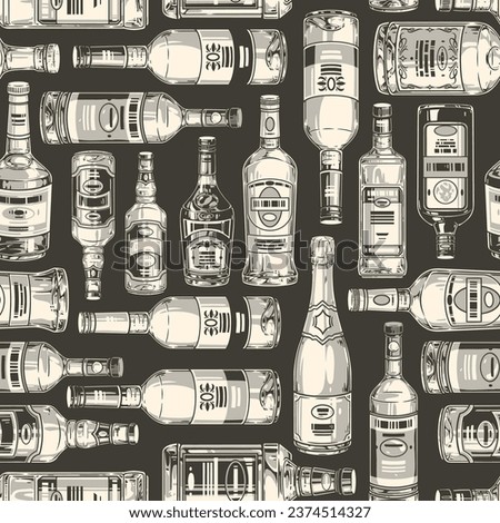 Assortment alcohol monochrome pattern seamless with bottles of vodka and beer or cognac for wine store promo products vector illustration