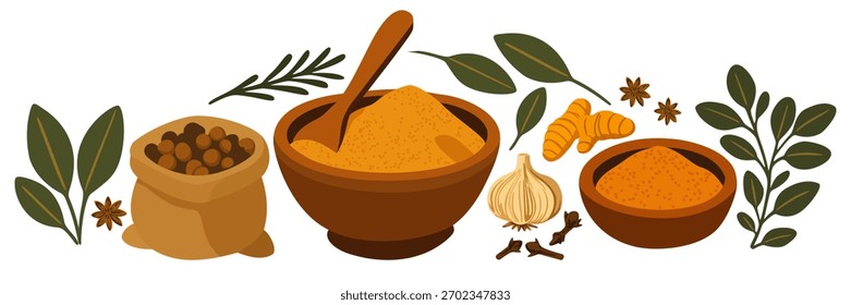 Variedade de especiarias aromáticas e ervas aromáticas. Coleção de vetores.